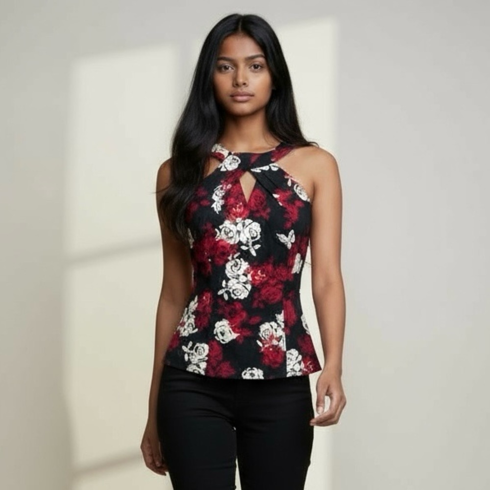 White House Black Market Floral Tank Top - Black, Red, and White